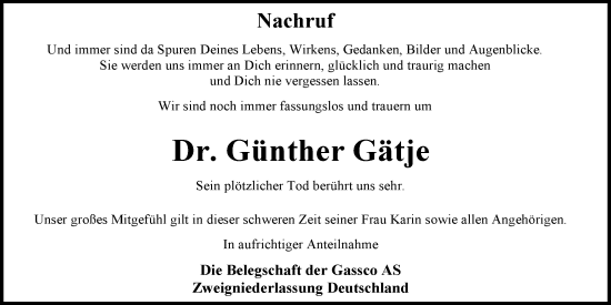 Traueranzeige von Günther Gätje von Emder Zeitung