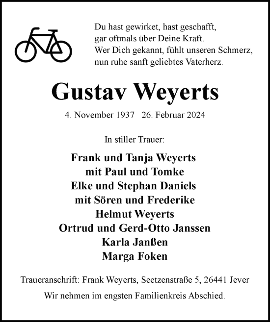 Traueranzeige von Gustav Weyerts von WZ/JW/AH