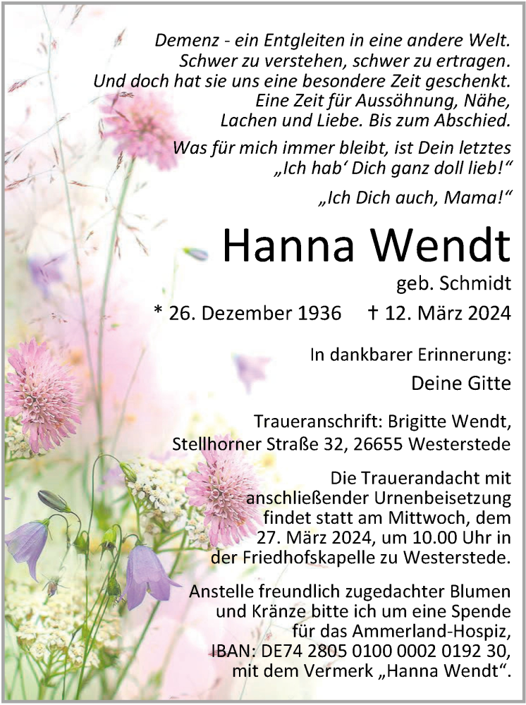  Traueranzeige für Hanna Wendt vom 20.03.2024 aus Nordwest-Zeitung