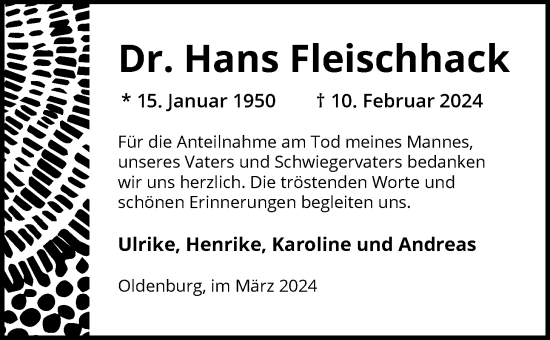 Traueranzeige von Hans Fleischhack von Nordwest-Zeitung