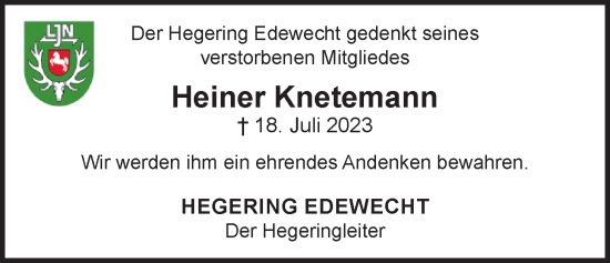 Traueranzeige von Heiner Knetemann von Nordwest-Zeitung
