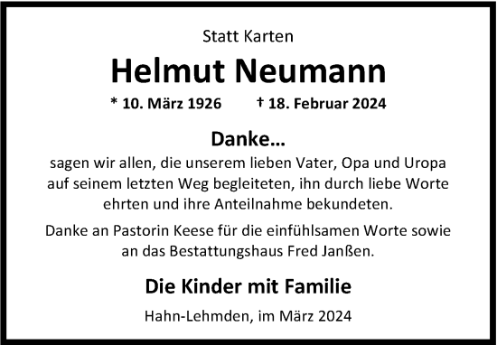 Traueranzeige von Helmut Neumann von Nordwest-Zeitung