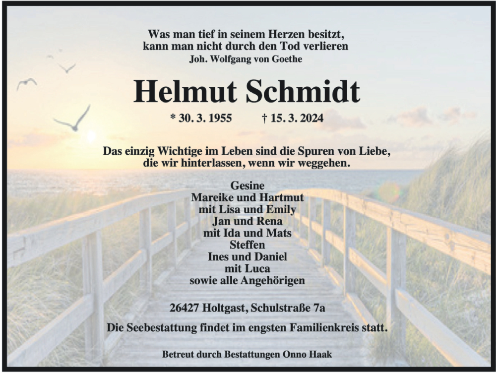  Traueranzeige für Helmut Schmidt vom 19.03.2024 aus WZ/JW/AH