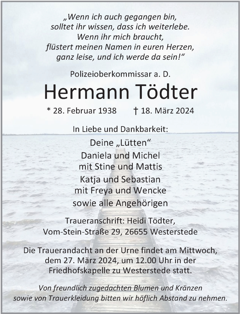  Traueranzeige für Hermann Tödter vom 21.03.2024 aus Nordwest-Zeitung