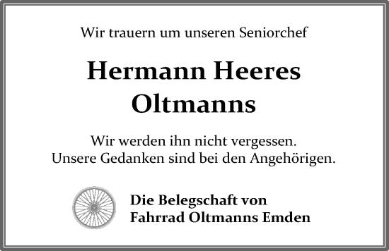 Traueranzeige von Hermann Heeres Oltmanns von Emder Zeitung
