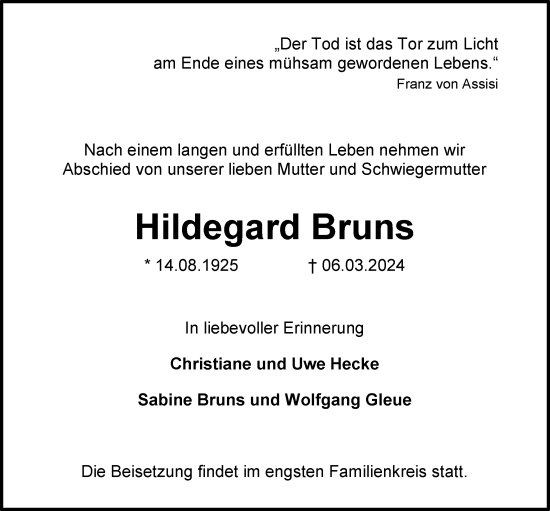 Traueranzeige von Hildegard Bruns von Emder Zeitung