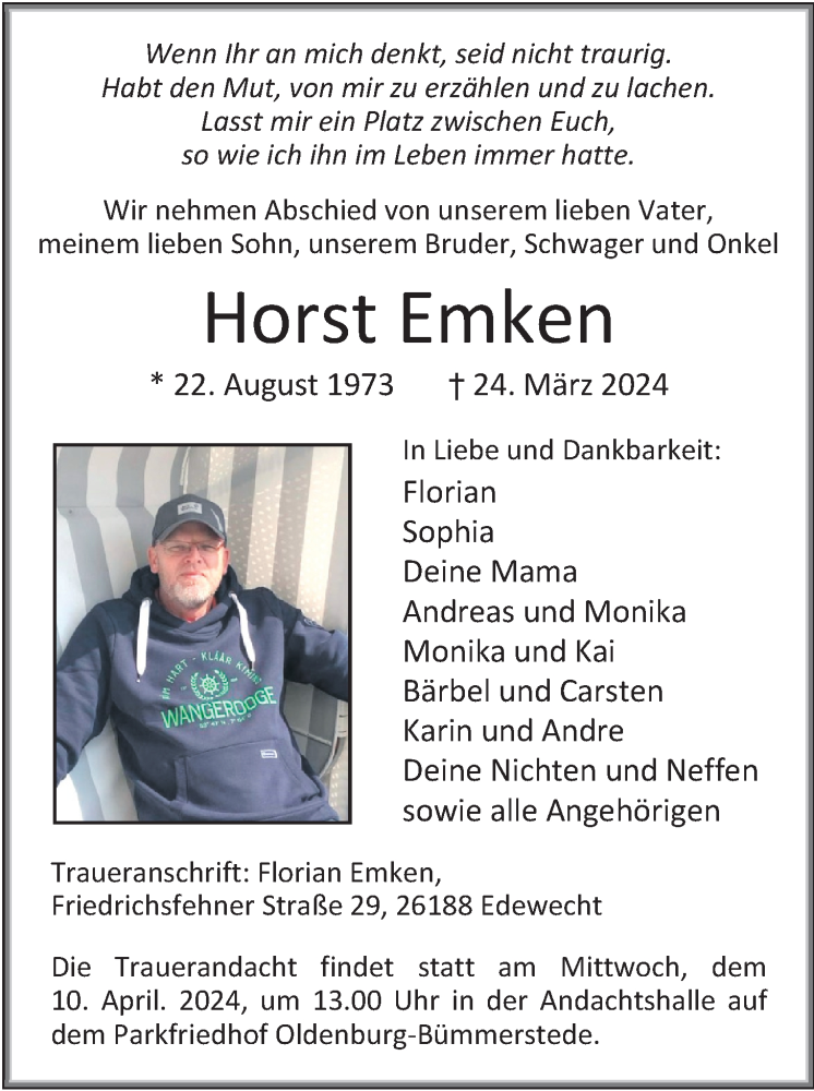  Traueranzeige für Horst Emken vom 30.03.2024 aus Nordwest-Zeitung