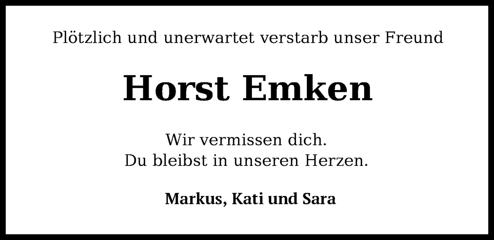  Traueranzeige für Horst Emken vom 30.03.2024 aus Nordwest-Zeitung