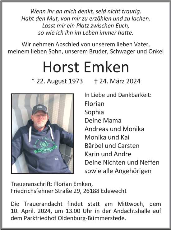 Traueranzeige von Horst Emken von Nordwest-Zeitung