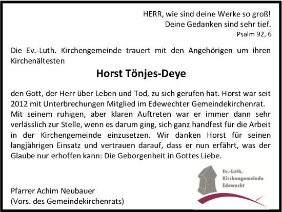 Traueranzeige von Horst Tönjes-Deye von Nordwest-Zeitung