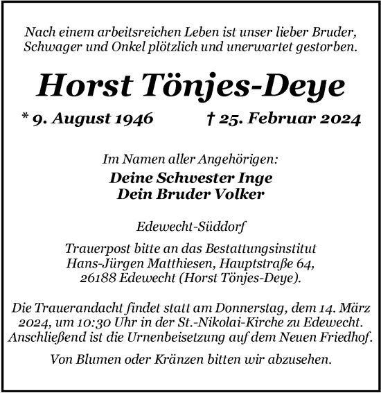 Traueranzeige von Horst Tönjes-Deye von Nordwest-Zeitung