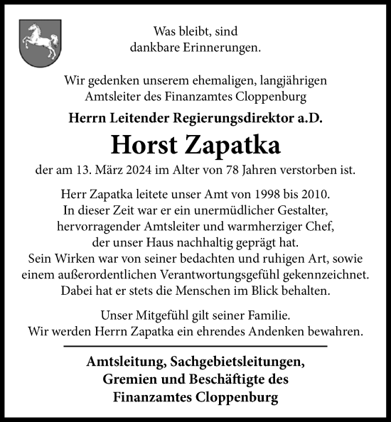 Traueranzeige von Horst Zapatka von Nordwest-Zeitung