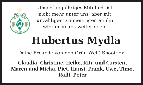 Traueranzeige von Hubertus Mydla von Nordwest-Zeitung