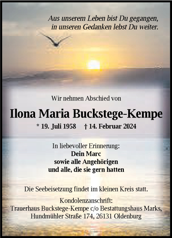 Traueranzeige von Ilona Maria Buckstege-Kempe von Nordwest-Zeitung