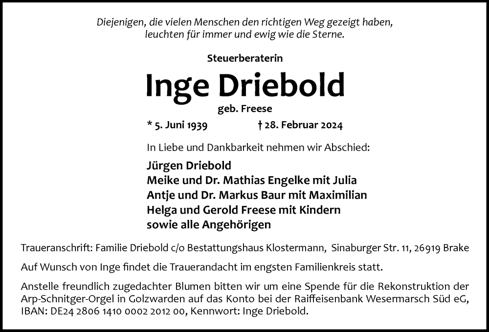  Traueranzeige für Inge Driebold vom 02.03.2024 aus Nordwest-Zeitung