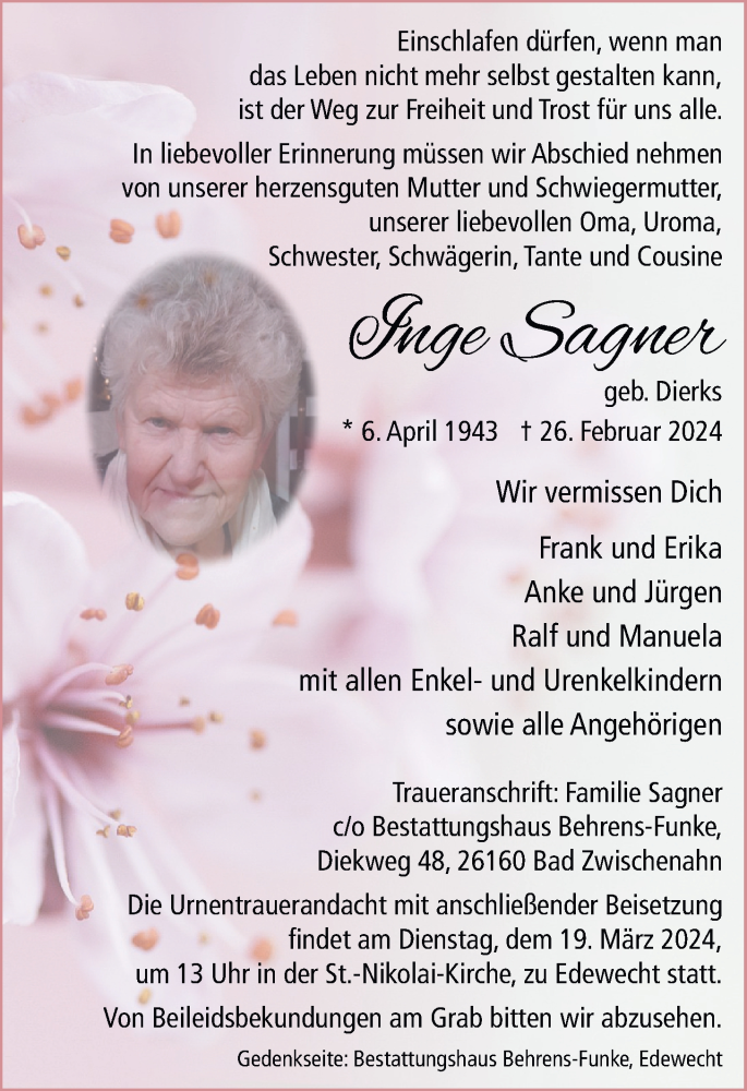  Traueranzeige für Inge Sagner vom 13.03.2024 aus Nordwest-Zeitung