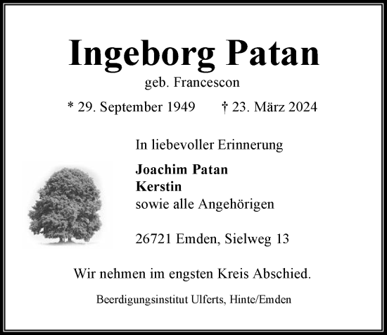 Traueranzeige von Ingeborg Patan von Emder Zeitung