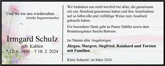 Traueranzeige von Irmgard Schulz von Nordwest-Zeitung