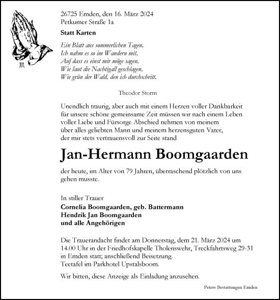 Traueranzeige von Jan-Hermann Boomgaarden von Emder Zeitung