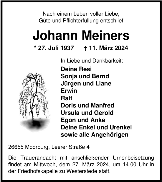 Traueranzeige von Johann Meiners von Nordwest-Zeitung