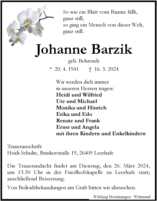 Traueranzeige von Johanne Barzik von WZ/JW/AH