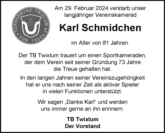 Traueranzeige von Karl Schmidchen von Emder Zeitung