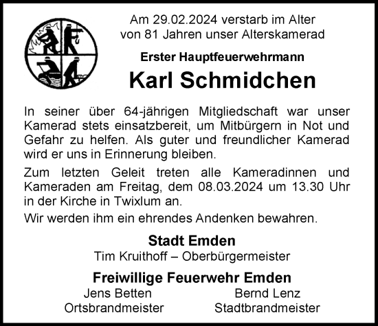 Traueranzeige von Karl Schmidchen von Emder Zeitung