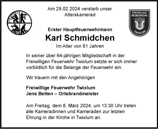 Traueranzeige von Karl Schmidchen von Emder Zeitung