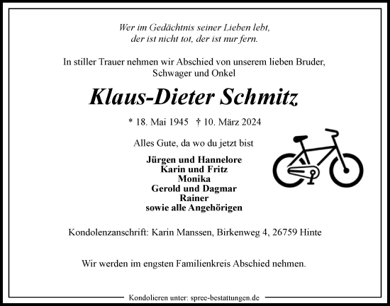 Traueranzeige von Klaus-Dieter Schmitz von Emder Zeitung