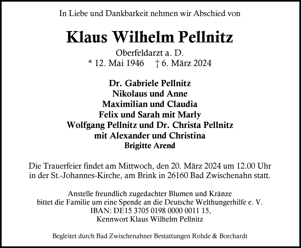  Traueranzeige für Klaus Pellnitz vom 13.03.2024 aus Nordwest-Zeitung