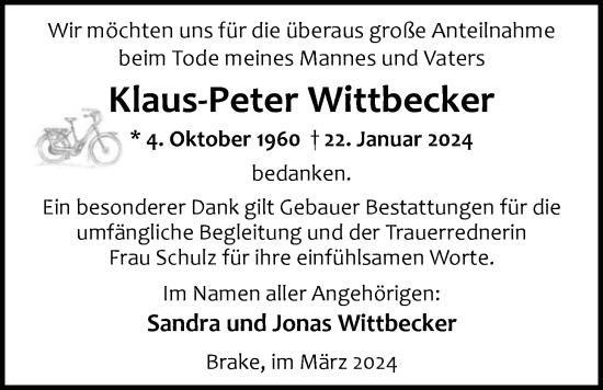 Traueranzeige von Klaus-Peter Wittbecker von Nordwest-Zeitung