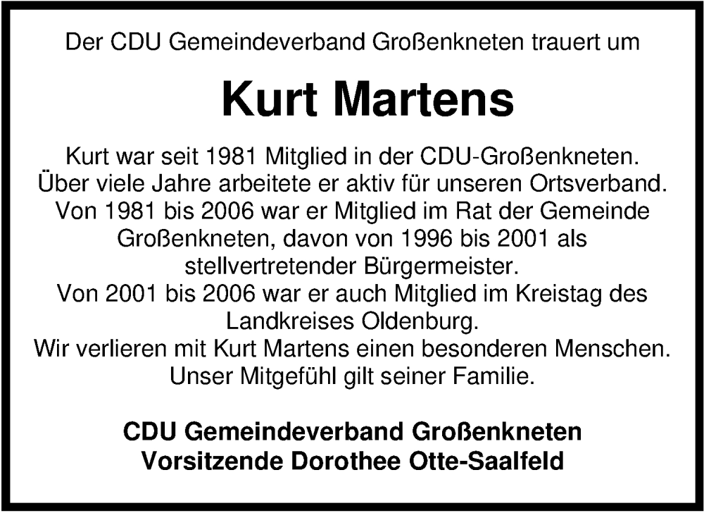  Traueranzeige für Kurt Martens vom 21.03.2024 aus Nordwest-Zeitung