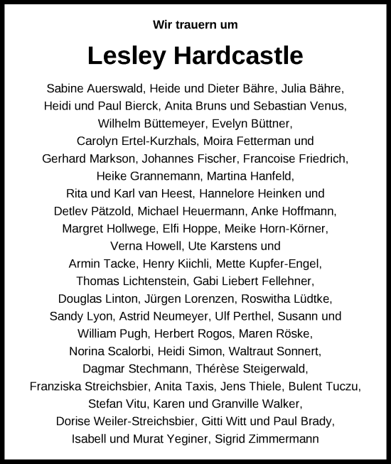 Traueranzeige von Lesley Hardcastle von Nordwest-Zeitung