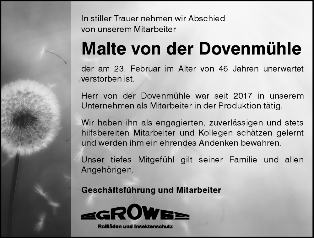  Traueranzeige für Malte Peter von der Dovenmühle vom 02.03.2024 aus Nordwest-Zeitung