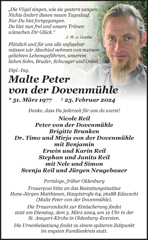  Traueranzeige für Malte Peter von der Dovenmühle vom 02.03.2024 aus Nordwest-Zeitung