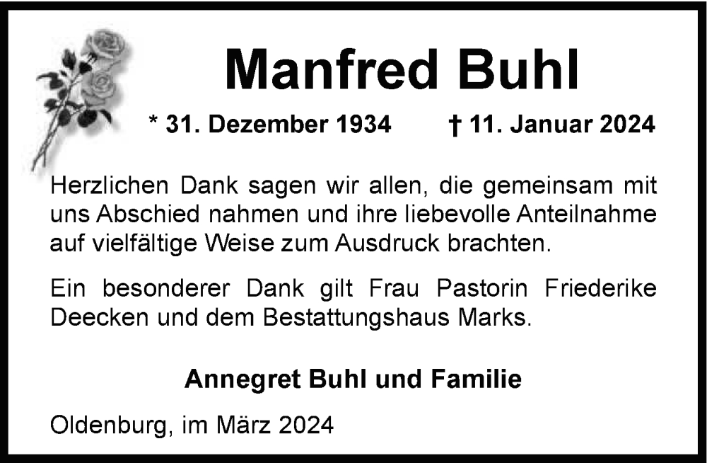  Traueranzeige für Manfred Buhl vom 09.03.2024 aus Nordwest-Zeitung