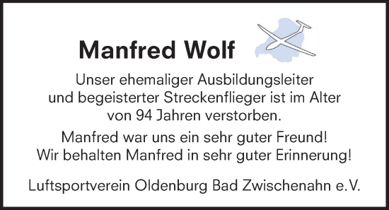 Traueranzeige von Manfred Wolf von Nordwest-Zeitung