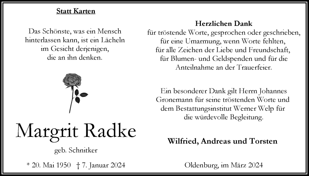  Traueranzeige für Margrit Radke vom 09.03.2024 aus Nordwest-Zeitung