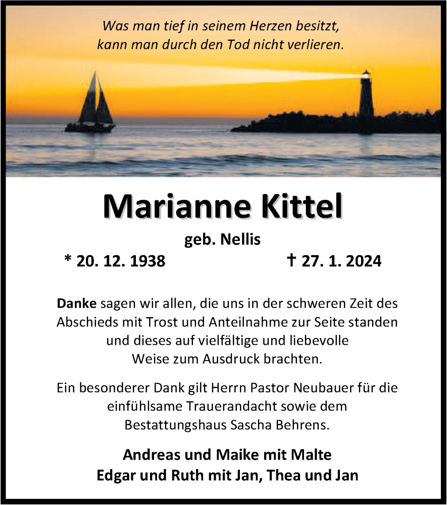  Traueranzeige für Marianne Kittel vom 02.03.2024 aus Nordwest-Zeitung