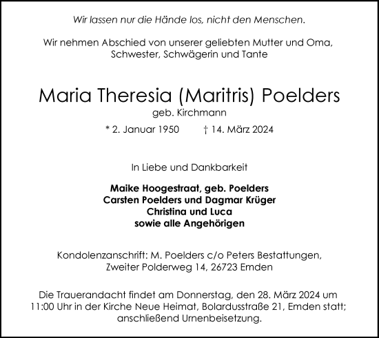 Traueranzeige von Maria Theresia Poelders von Emder Zeitung