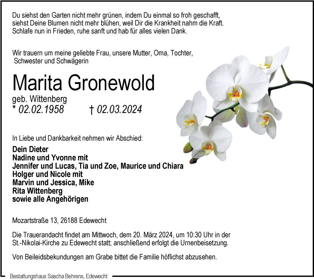  Traueranzeige für Marita Gronewold vom 08.03.2024 aus Nordwest-Zeitung