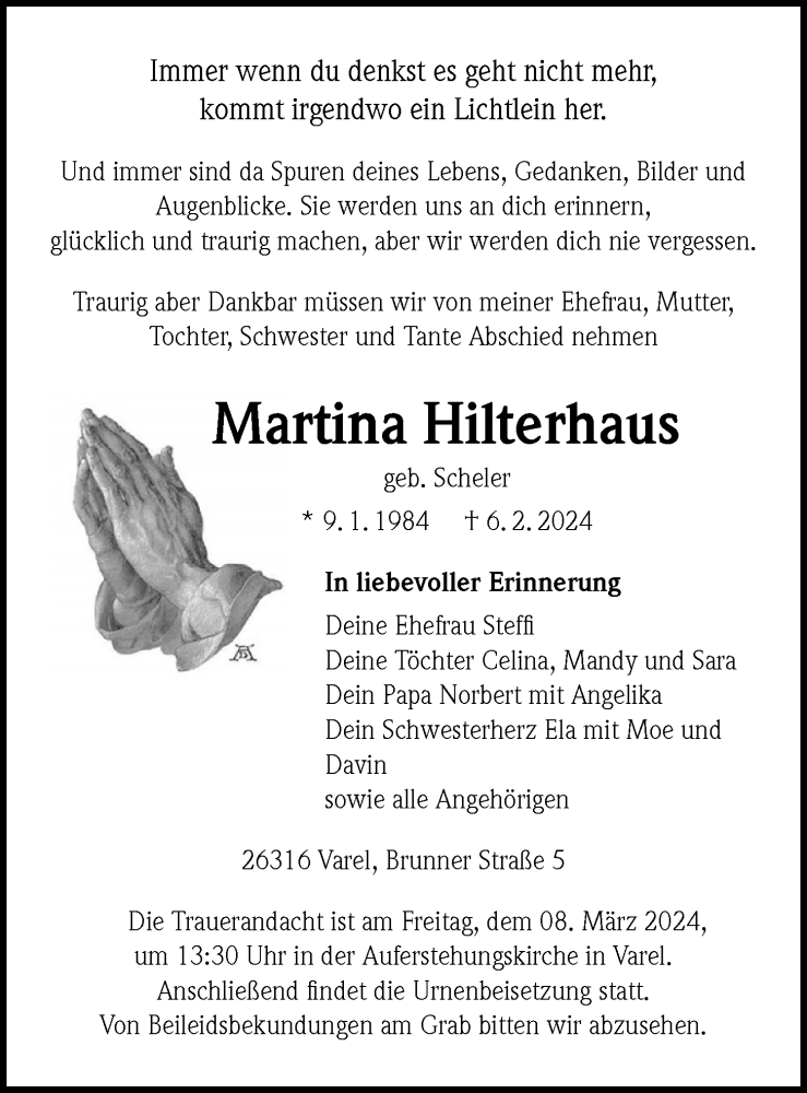  Traueranzeige für Martina Hilterhaus vom 02.03.2024 aus Nordwest-Zeitung
