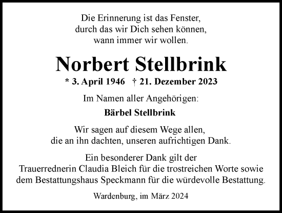 Traueranzeige von Norbert Stellbrink von Nordwest-Zeitung