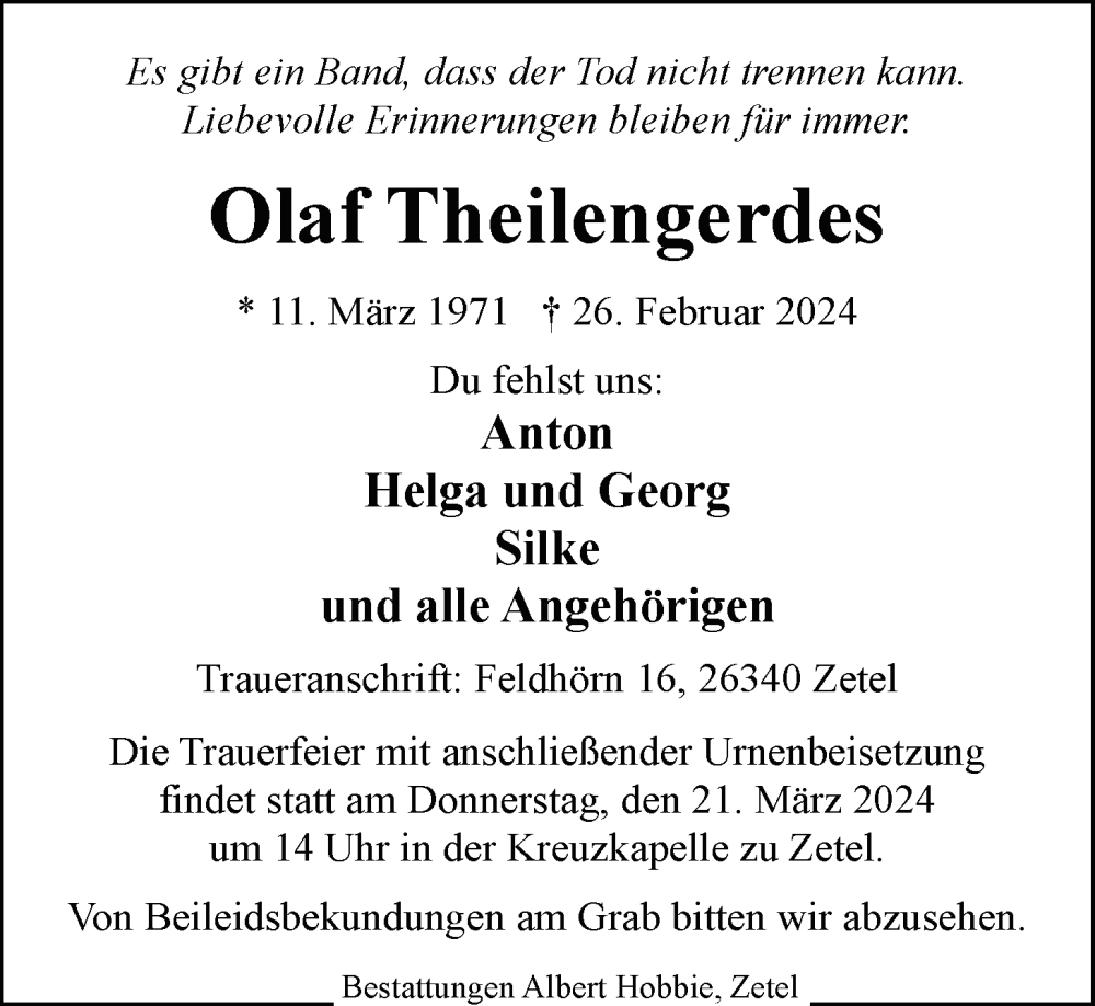  Traueranzeige für Olaf Theilengerdes vom 19.03.2024 aus Nordwest-Zeitung