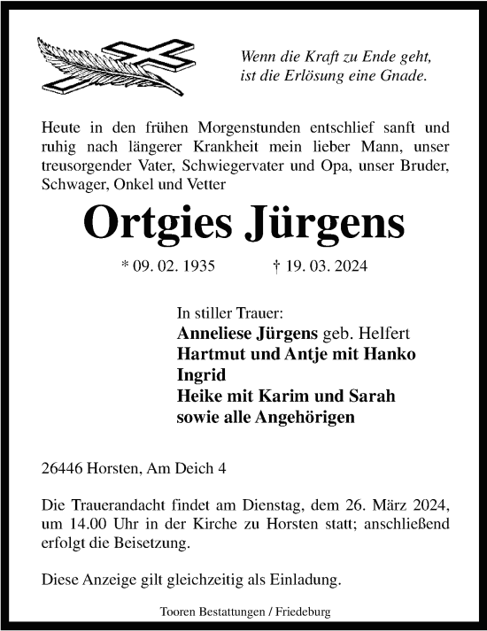 Traueranzeige von Ortgies Jürgens von WZ/JW/AH