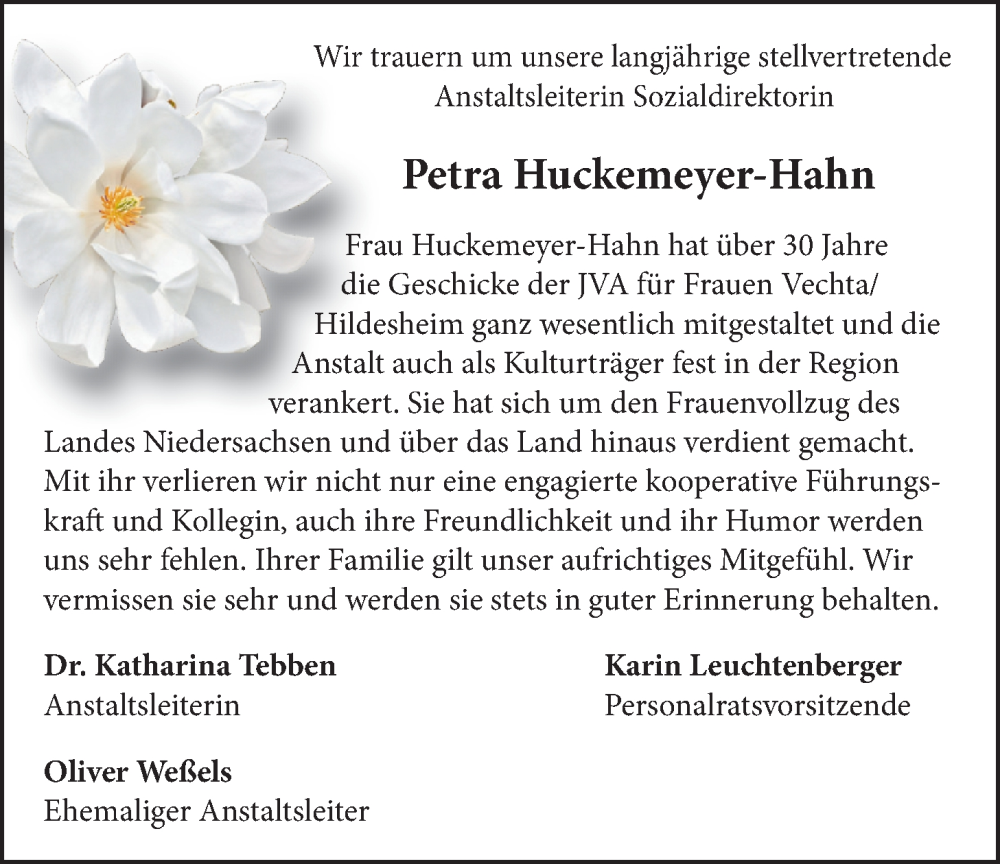  Traueranzeige für Petra Huckemeyer-Hahn vom 16.03.2024 aus Nordwest-Zeitung