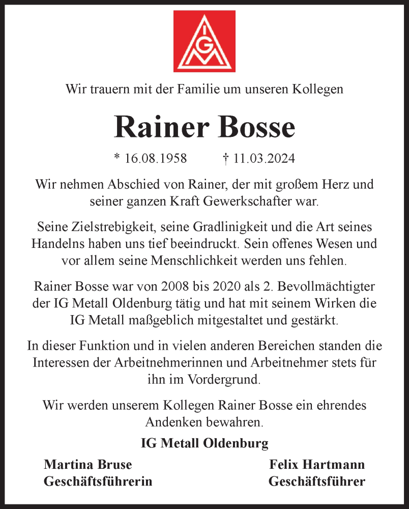  Traueranzeige für Rainer Bosse vom 22.03.2024 aus Nordwest-Zeitung