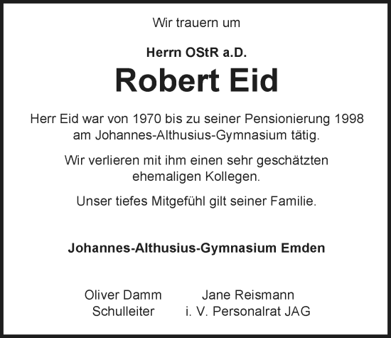 Traueranzeige von Robert Eid von Emder Zeitung