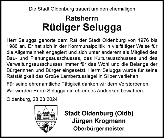 Traueranzeige von Rüdiger Selugga von Nordwest-Zeitung