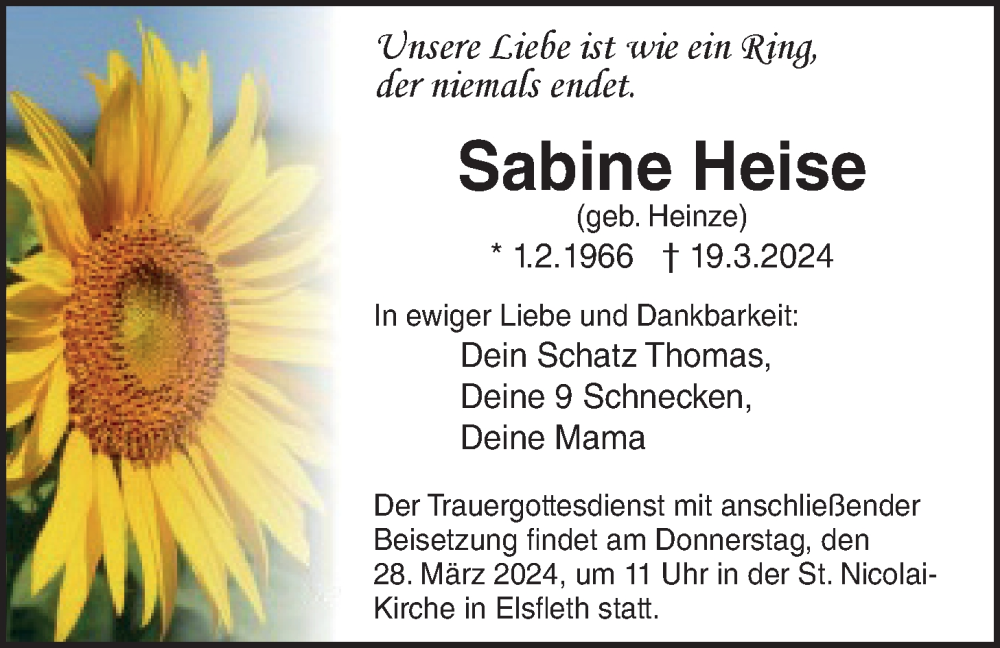  Traueranzeige für Sabine Heise vom 26.03.2024 aus Nordwest-Zeitung